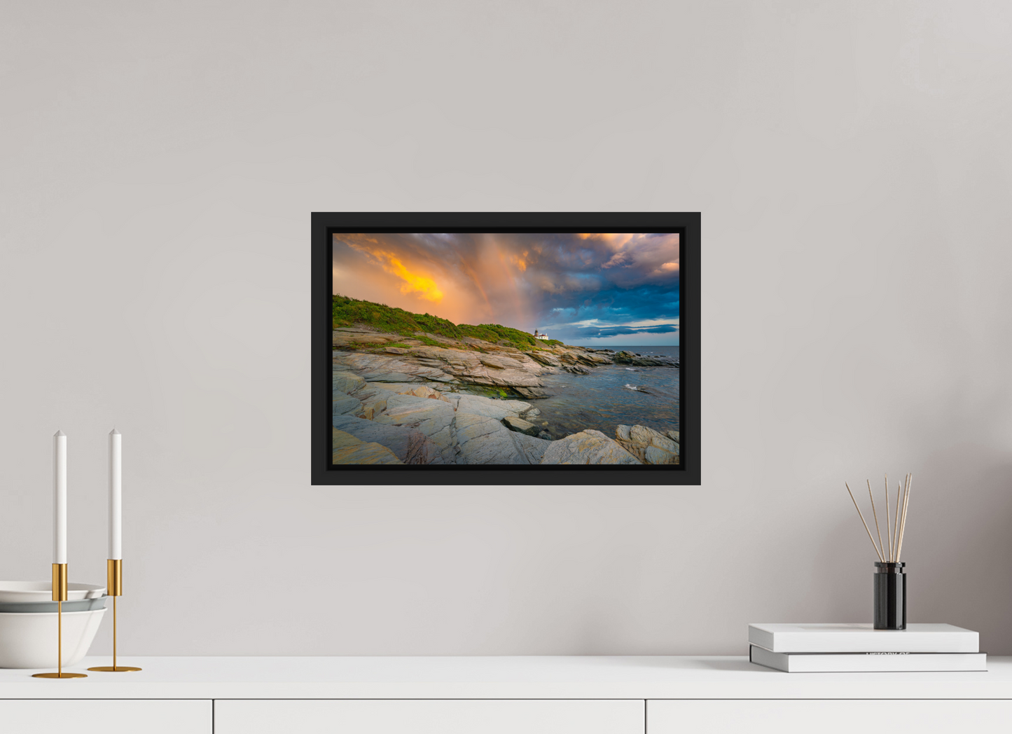 15 x 10″, Premium ChromaLuxe HD Aluminum Metal Print with Black Wood Floater Frame Rainbow Over Beavertail Lighthouse