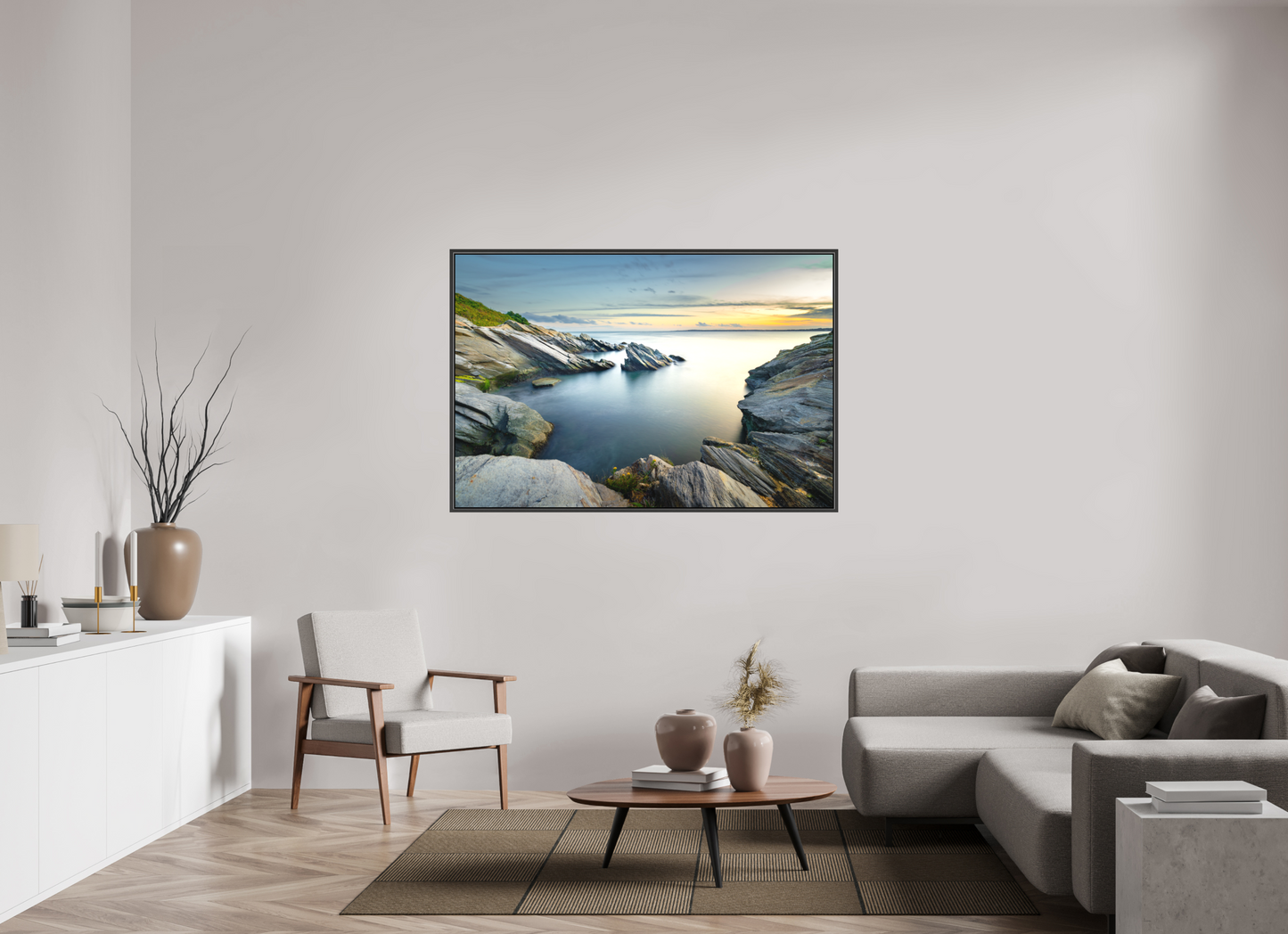 60 x 40″, Matte Canvas Print with Black Wood Floater Frame Sunset and Solitude