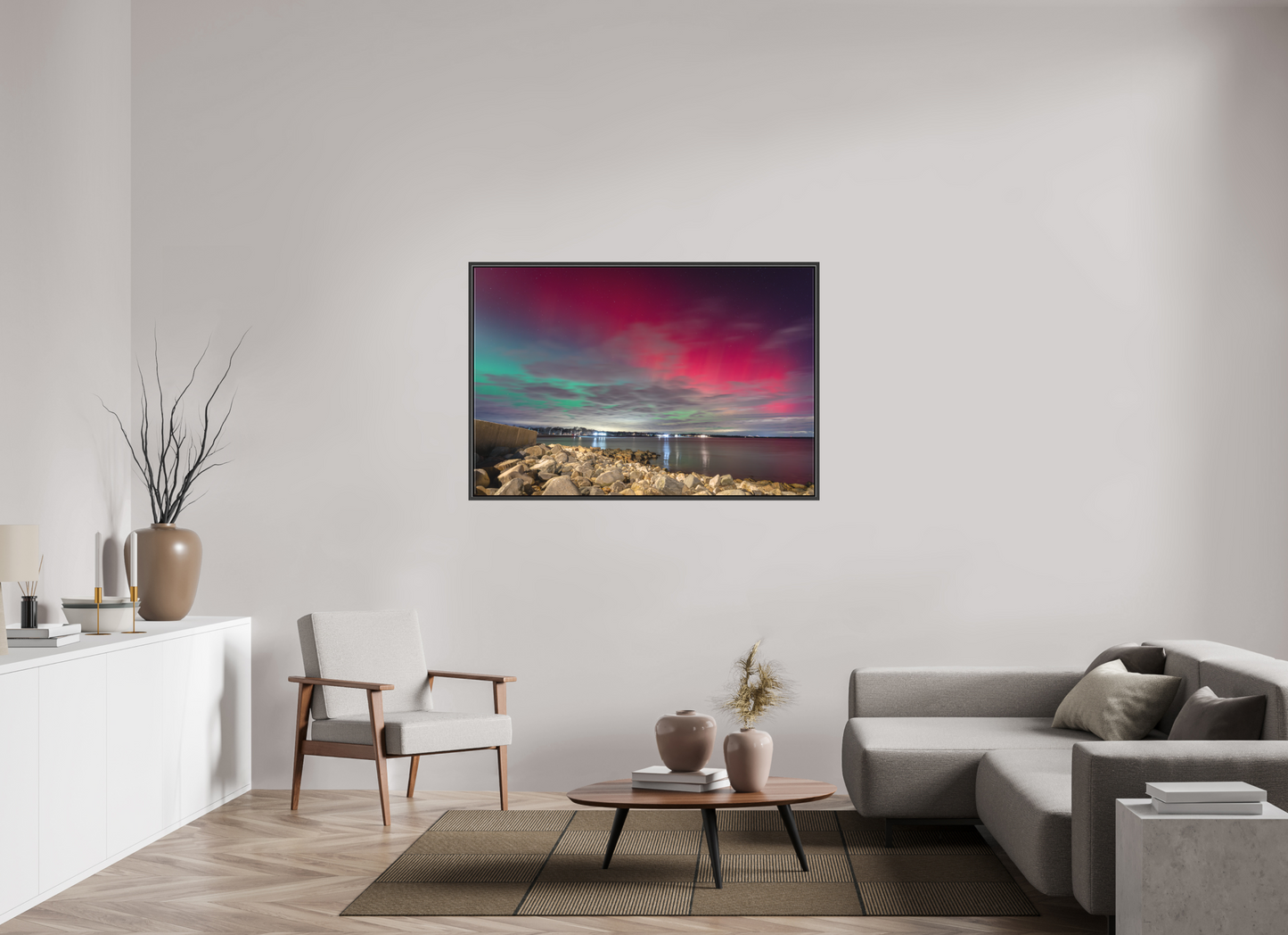 54 x 36″, Matte Canvas Print with Black Wood Floater Frame The Aurora Borealis over Narragansett Beach
