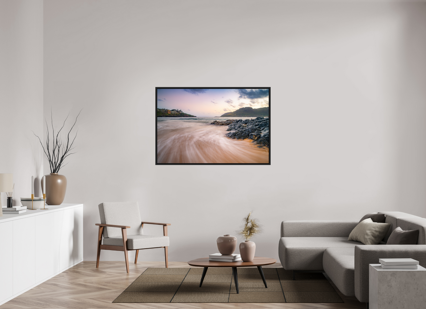 54 x 36″, Photo Print under Acrylic Glass with Black Wood Floater Frame Waves Retreating