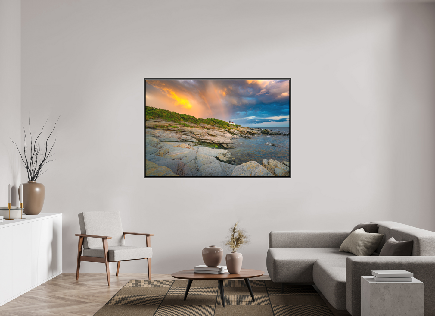 66 x 44″, Matte Canvas Print with Black Wood Floater Frame Rainbow Over Beavertail Lighthouse