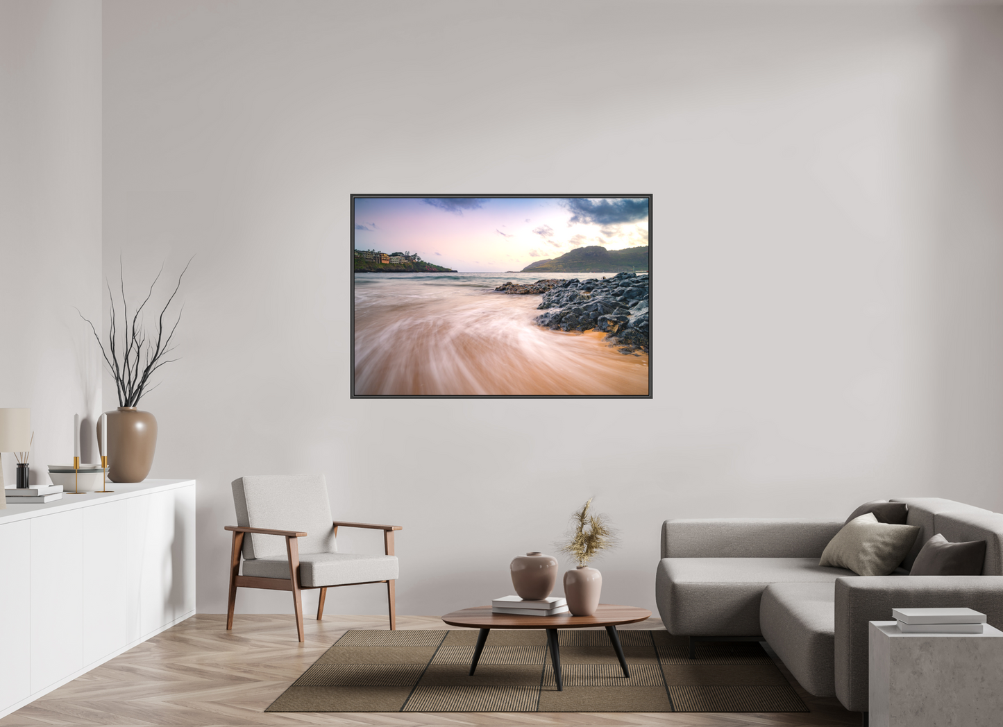 60 x 40″, Matte Canvas Print with Black Wood Floater Frame Waves Retreating