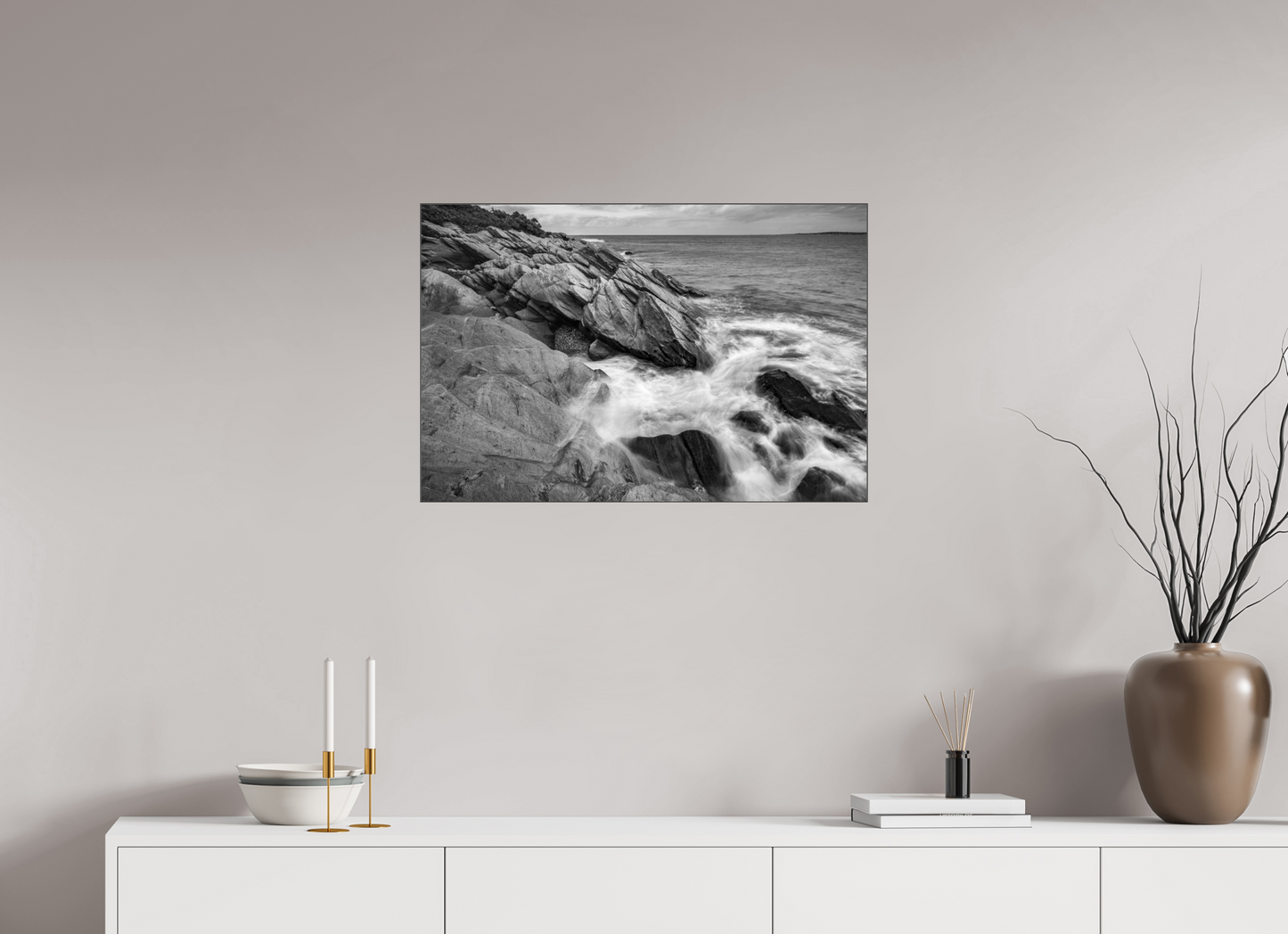 30 x 20″, Photo Print under Acrylic Glass with Black Slimline Case Beavertail Cliffs