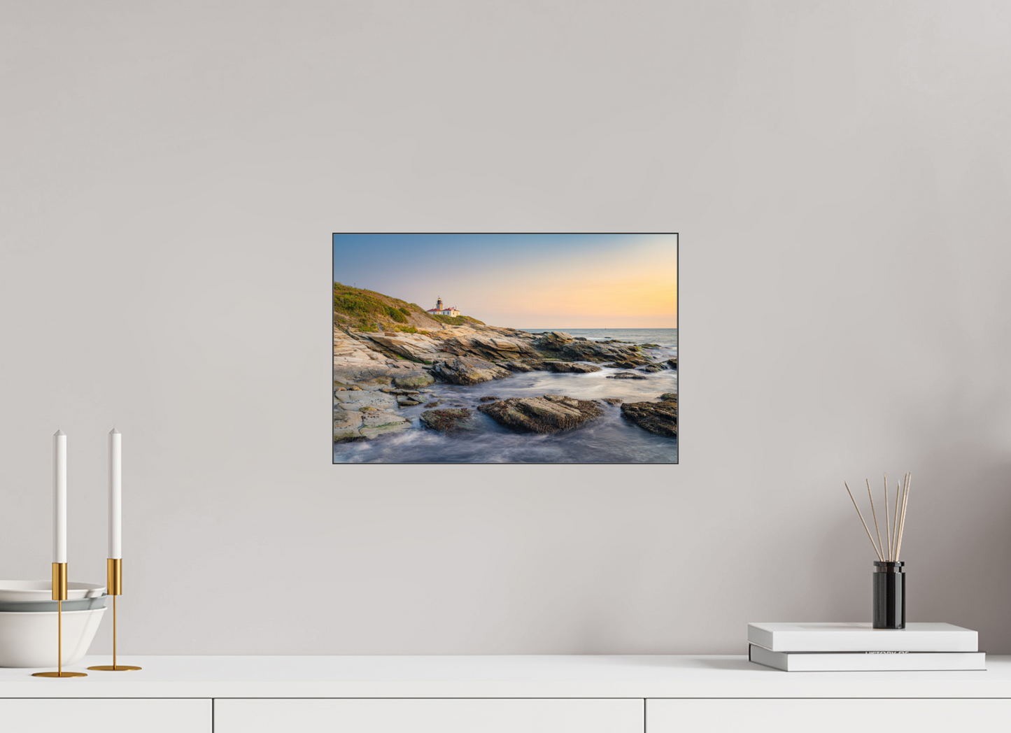 15 x 10″, Premium Photo Print under Acrylic Glass with Black Slimline Case Quiet Sunset at Beavertail Lighthouse