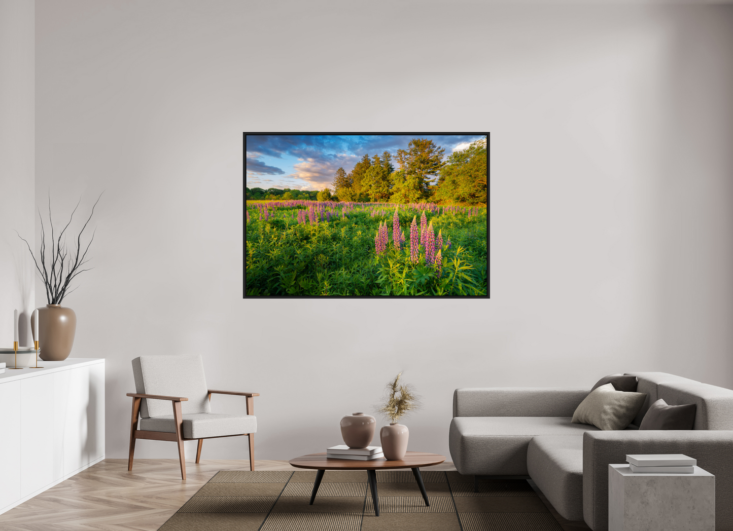 66 x 44″, Premium ChromaLuxe HD Aluminum Metal Print with Black Wood Floater Frame Lupines at Golden Hour