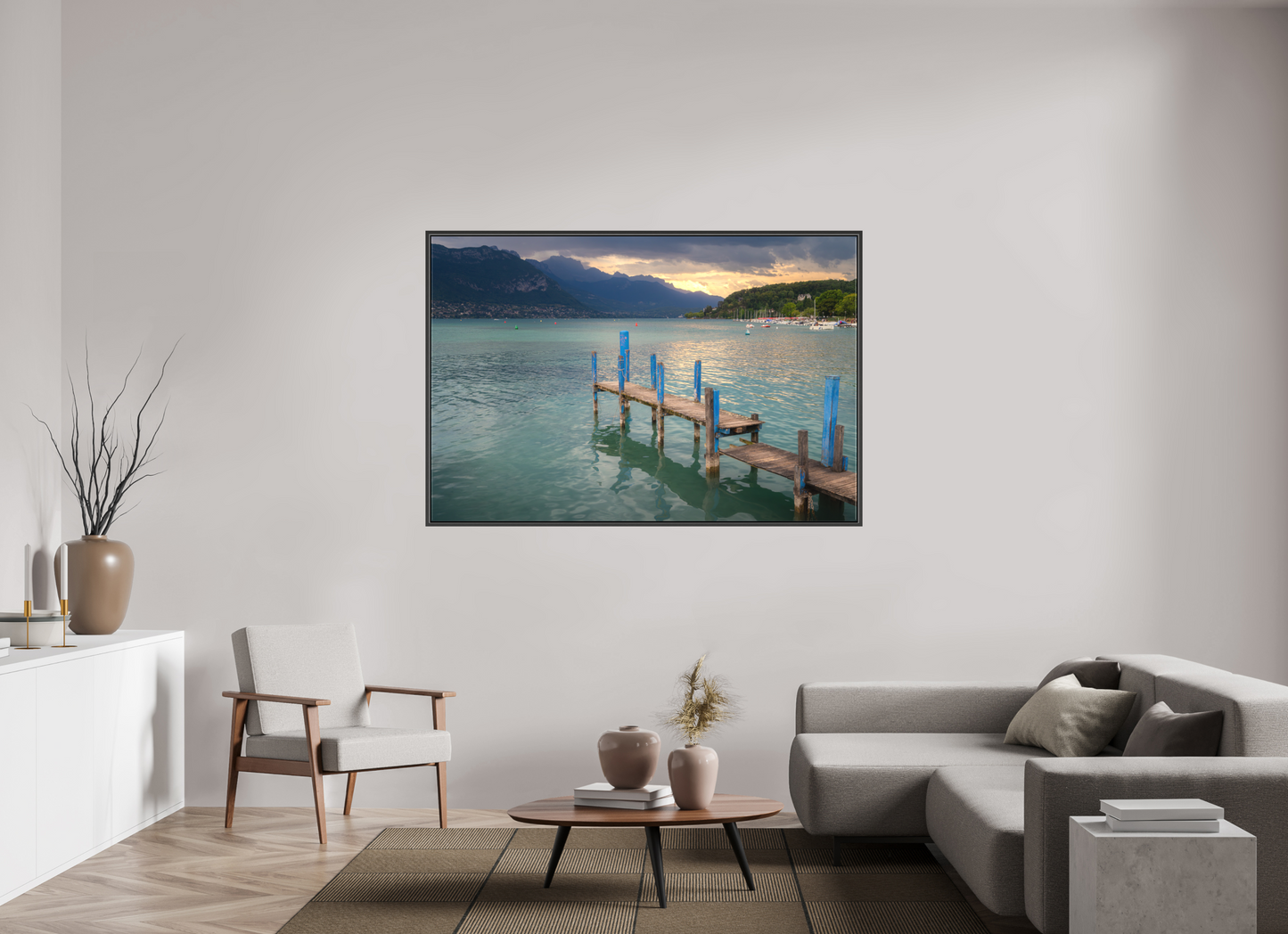 66 x 44″, Matte Canvas Print with Black Wood Floater Frame Thunderstorm over Lake Annecy