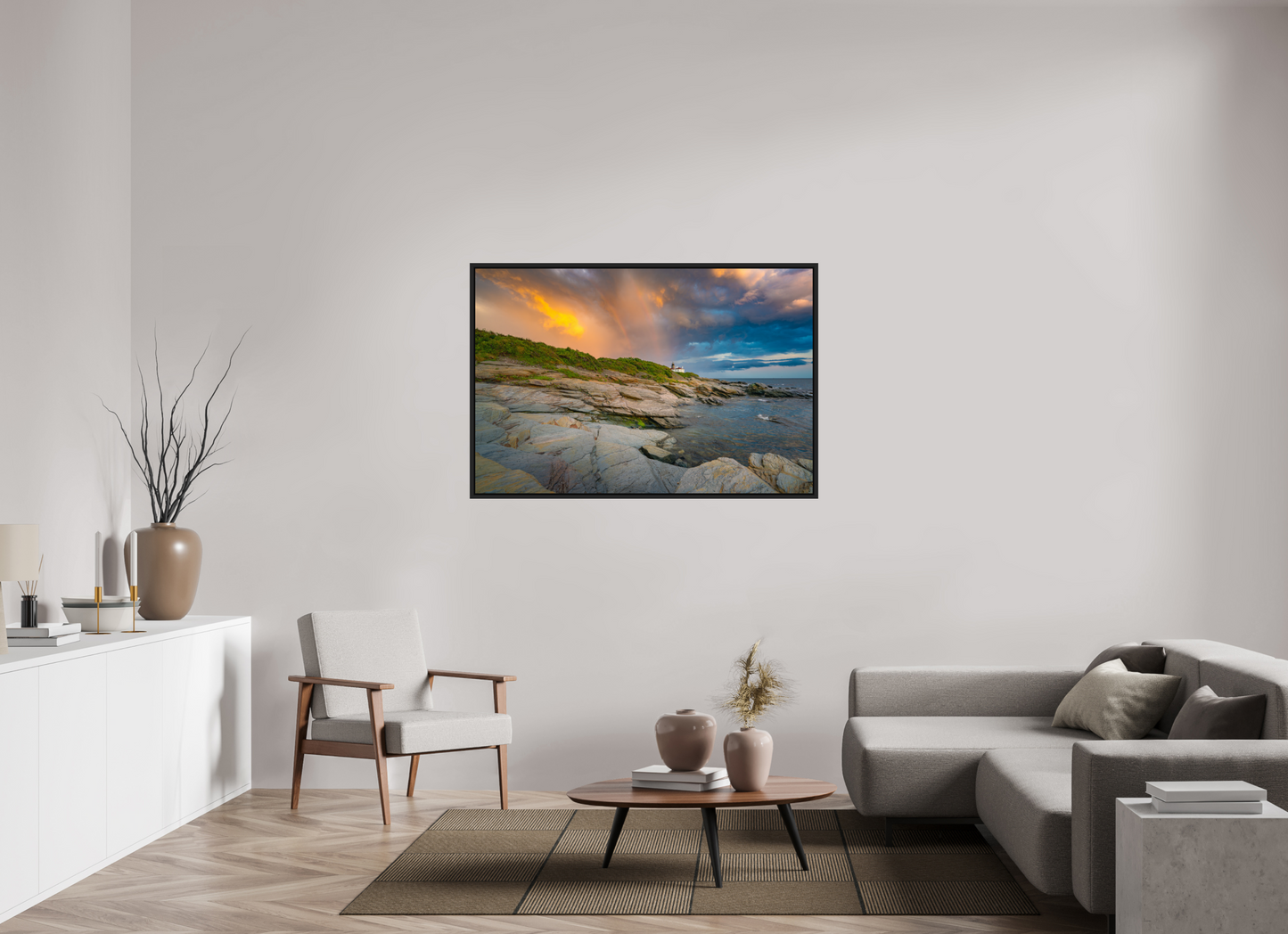 54 x 36″, Premium Photo Print under Acrylic Glass with Black Wood Floater Frame Rainbow Over Beavertail Lighthouse