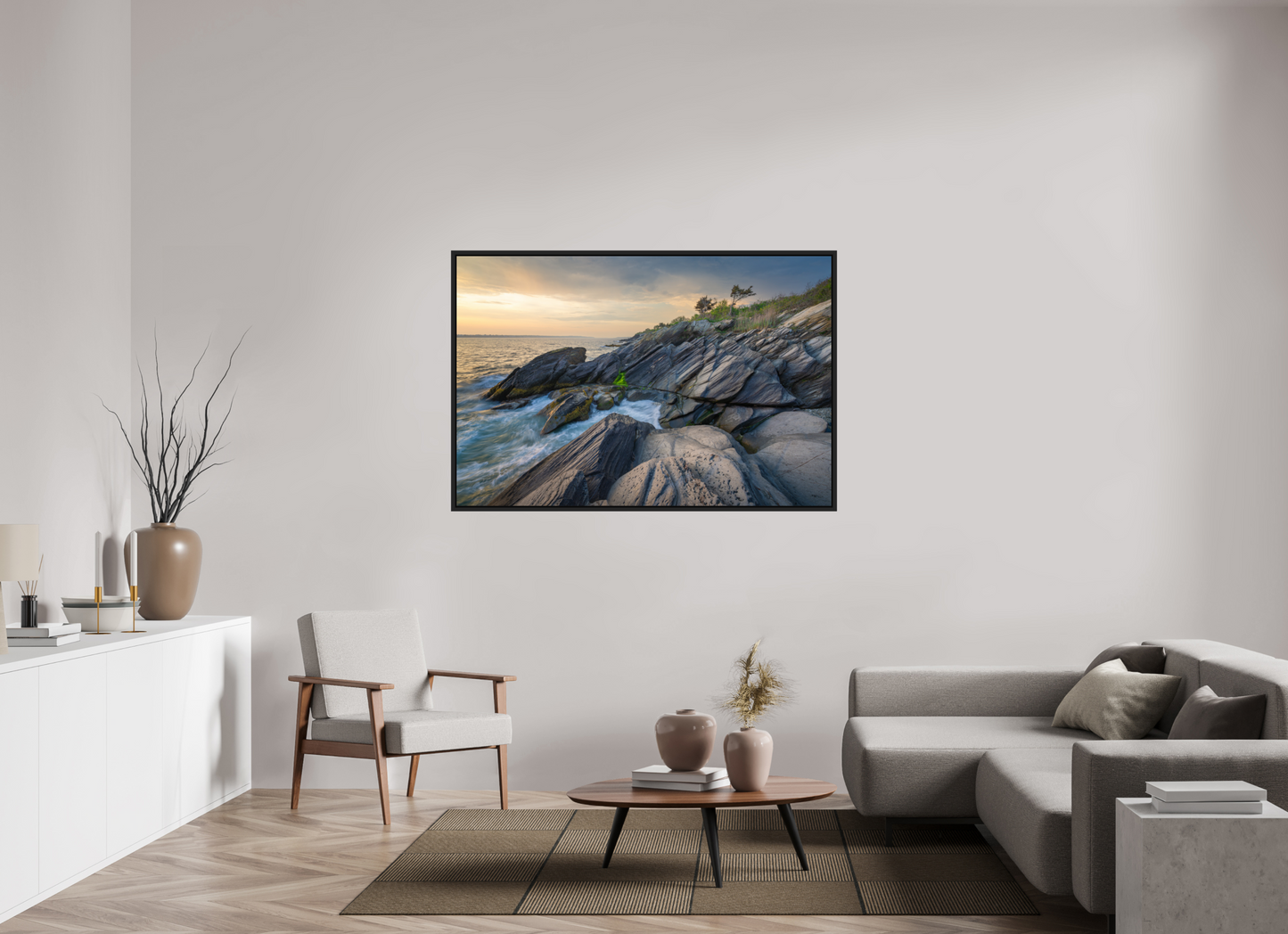 60 x 40″, Premium Photo Print under Acrylic Glass with Black Wood Floater Frame Sunset Glow at Beavertail