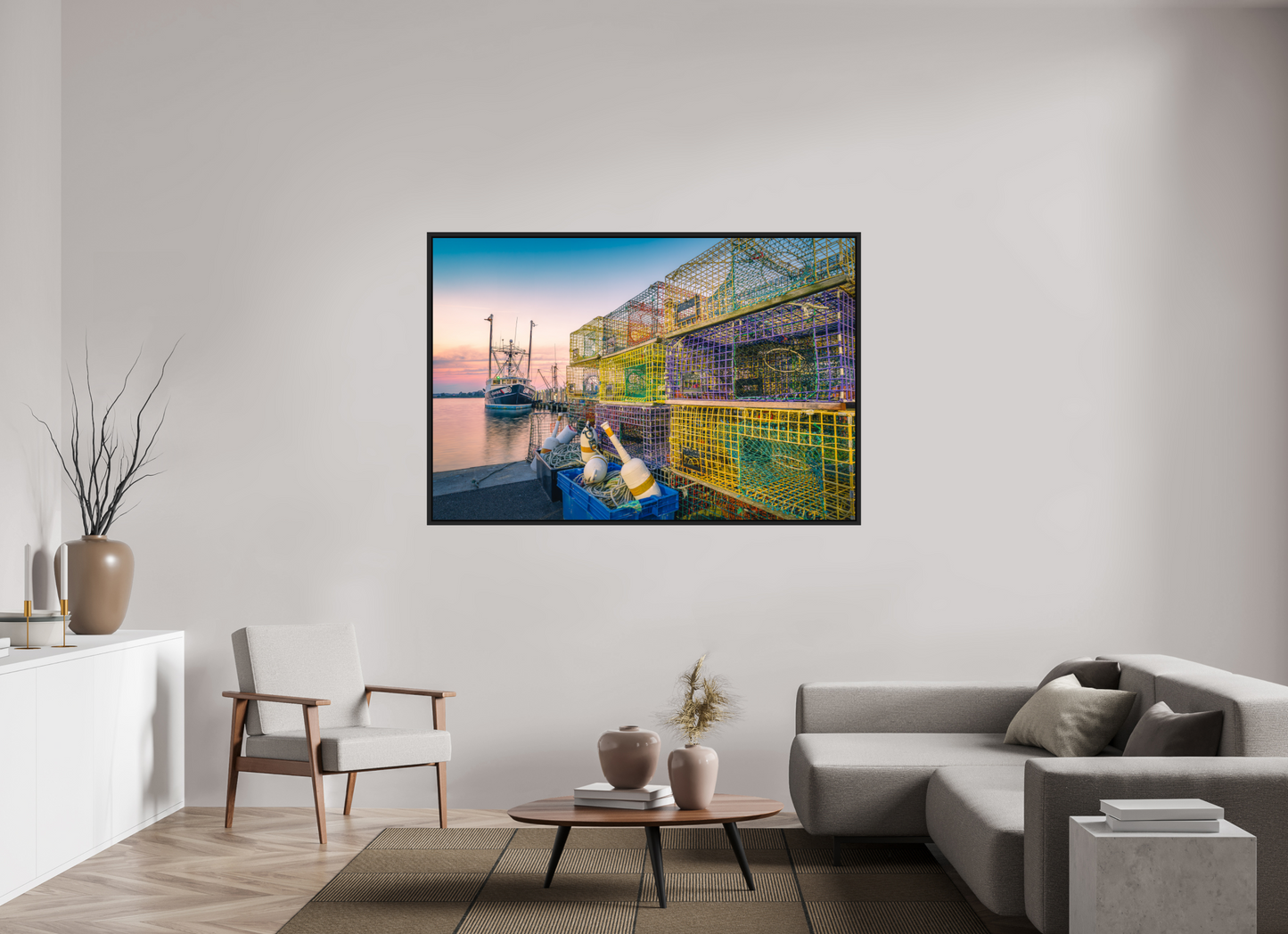 66 x 44″, Premium ChromaLuxe HD Aluminum Metal Print with Black Wood Floater Frame A Wall of Colorful Lobster Pots