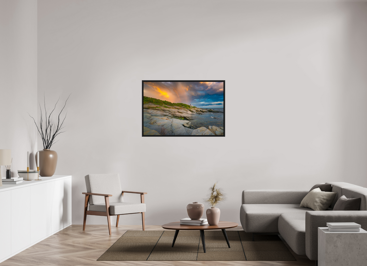 45 x 30″, Premium ChromaLuxe HD Aluminum Metal Print with Black Wood Floater Frame Rainbow Over Beavertail Lighthouse