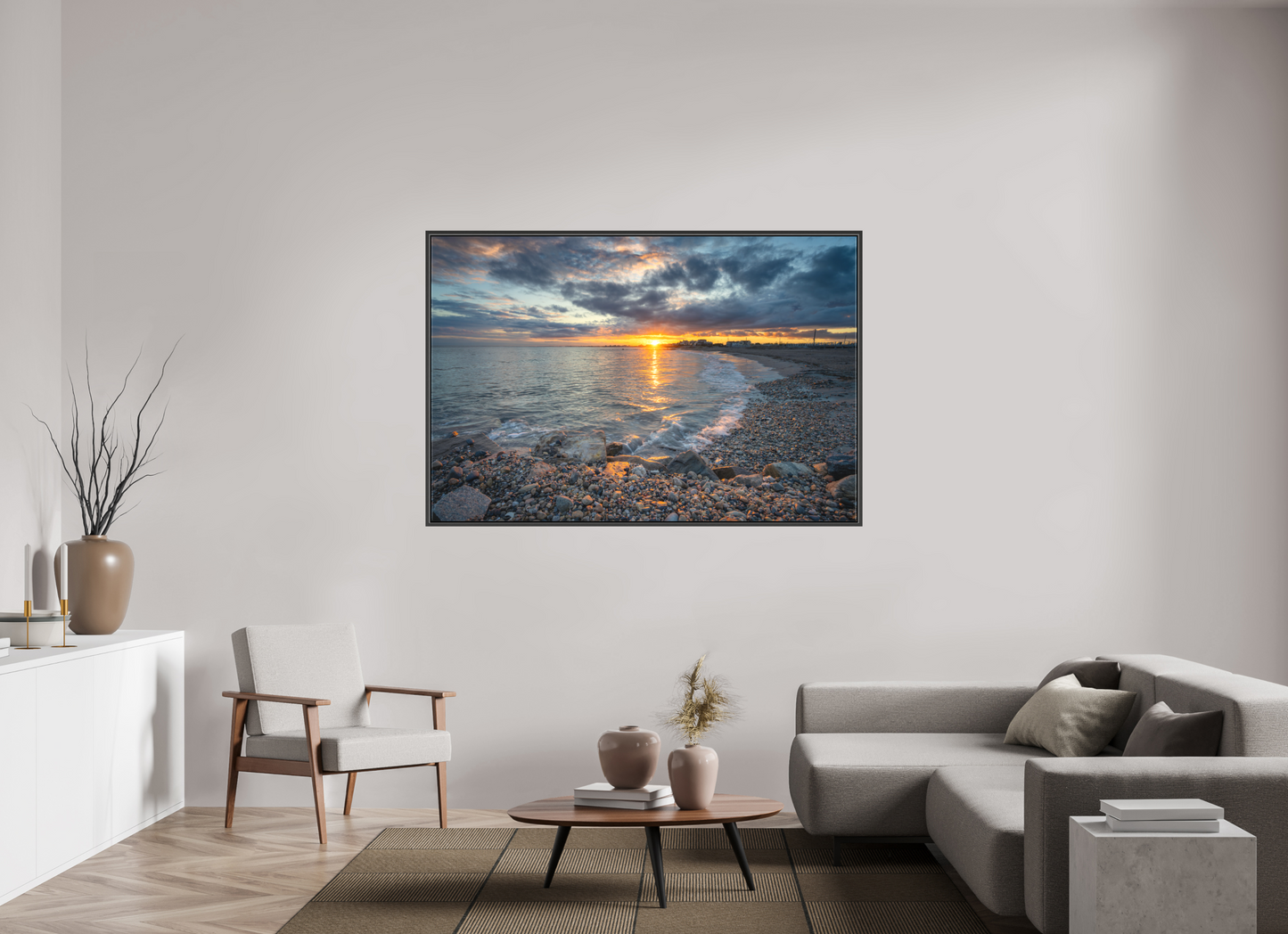 66 x 44″, Matte Canvas Print with Black Wood Floater Frame Roger Wheeler State Beach Sunset