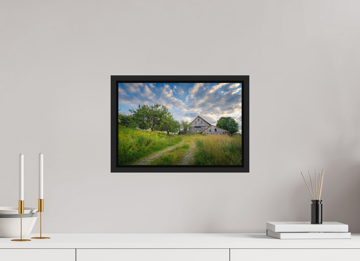 15 x 10″, Premium ChromaLuxe HD Aluminum Metal Print with Black Wood Floater Frame Countryside Barn