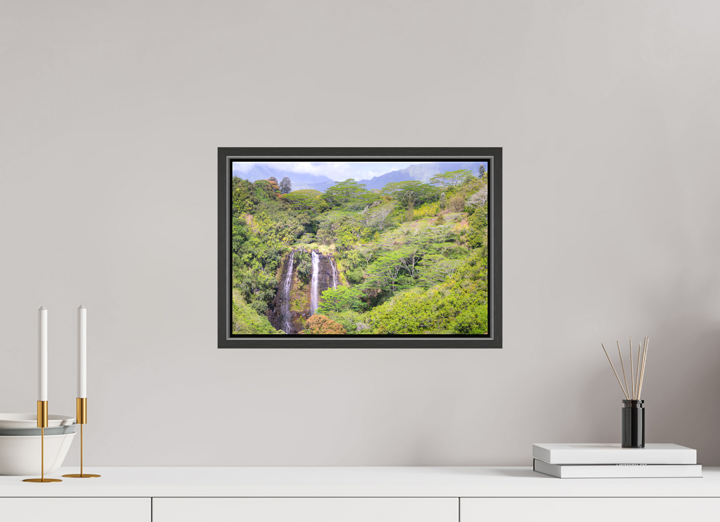 15 x 10″, Matte Canvas Print with Black Wood Floater Frame Opeka Falls