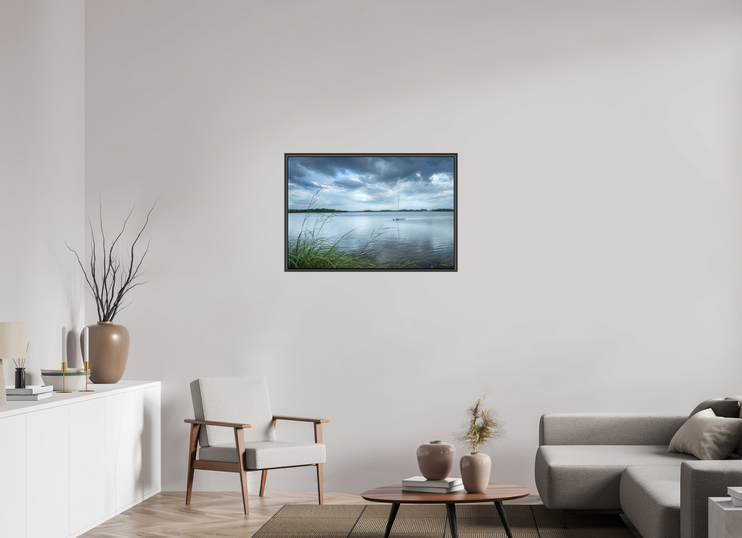 36 x 24″, Matte Canvas Print with Black Wood Floater Frame Lonely Boat on Sachem Pond