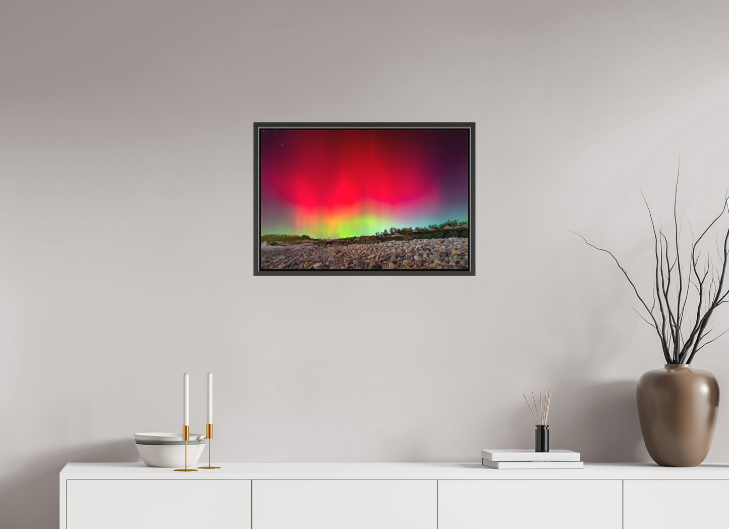 24 x 16″, Matte Canvas Print with Black Wood Floater Frame Aurora Borealis at Camp Cronin