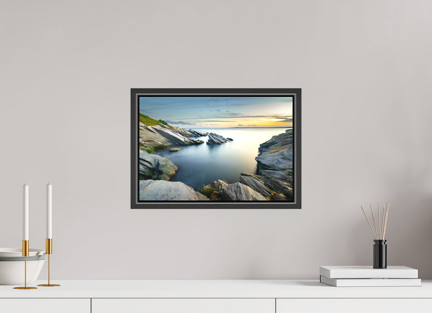 15 x 10″, Matte Canvas Print with Black Wood Floater Frame Sunset and Solitude