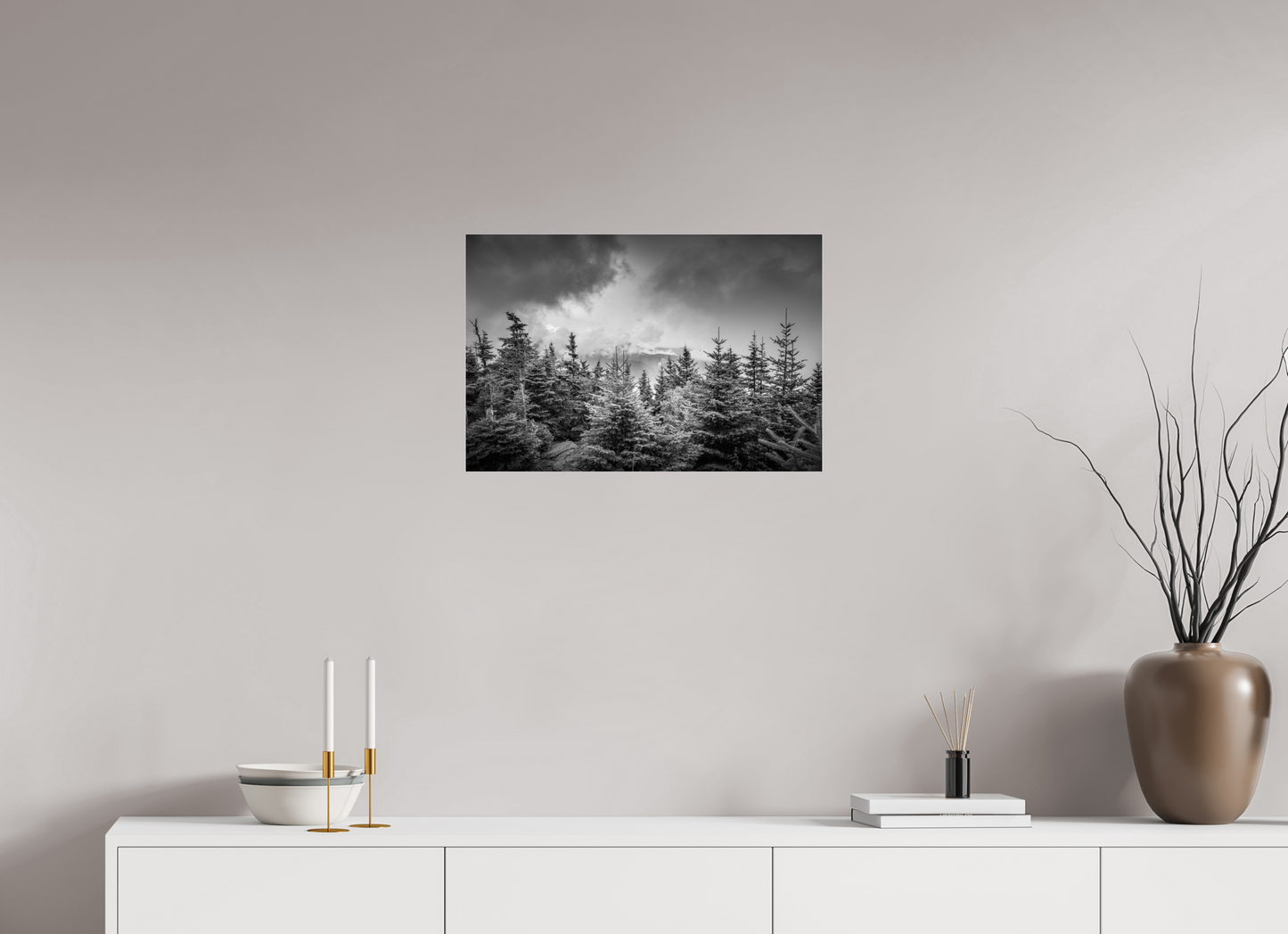 24 x 16″, Photo Print under Acrylic Glass Pines in Mountain Clouds
