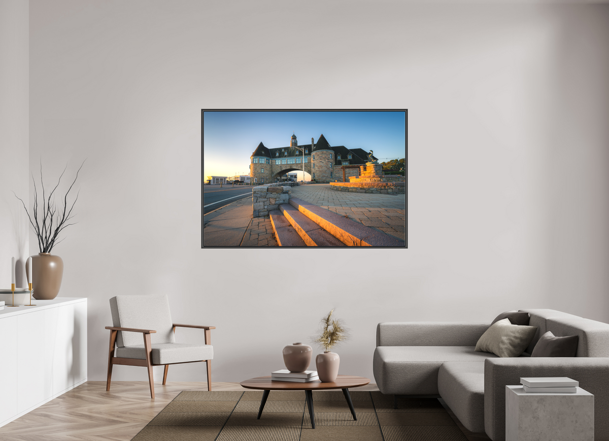 66 x 44″, Matte Canvas Print with Black Wood Floater Frame Golden Sunrise at The Towers
