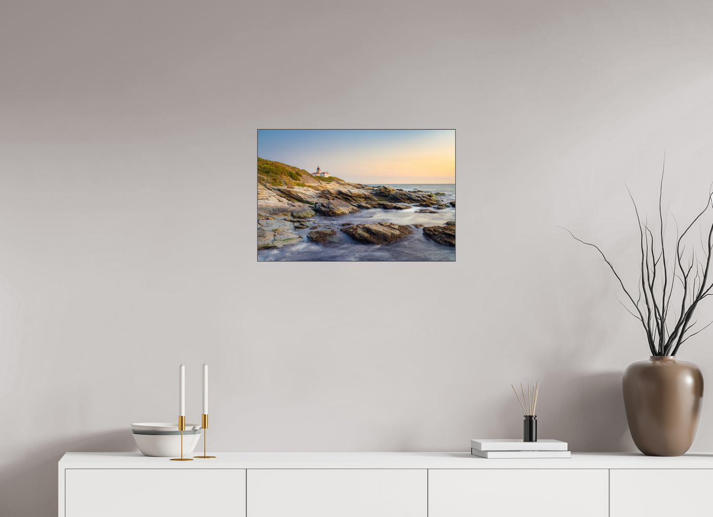 24 x 16″, Photo Print under Acrylic Glass with Black Slimline Case Beavertail Lighthouse