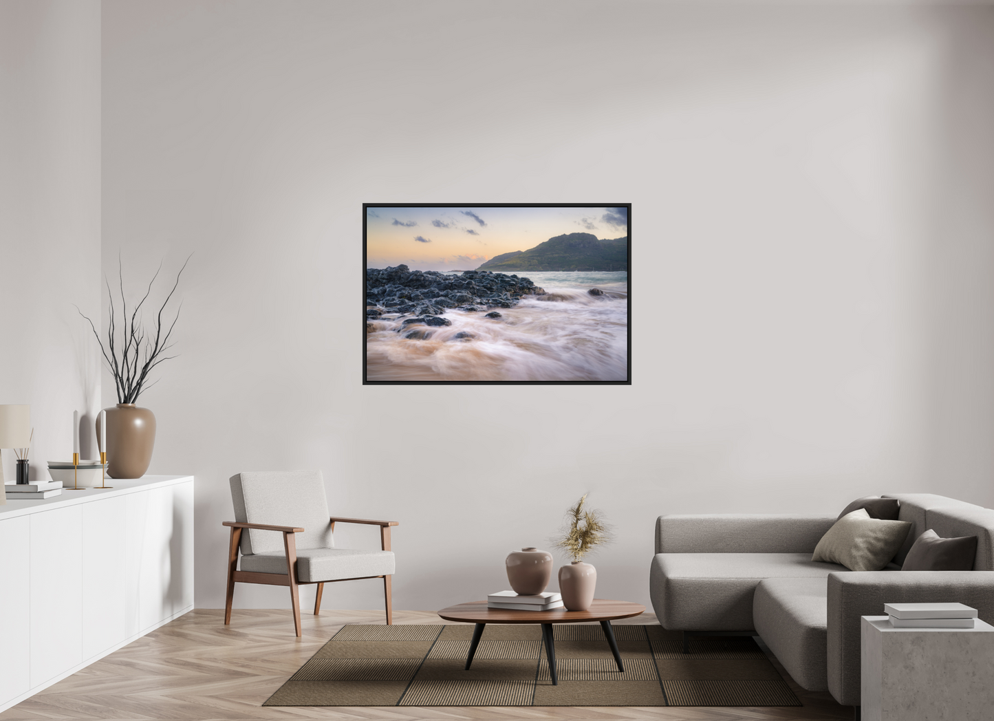 54 x 36″, Photo Print under Acrylic Glass with Black Wood Floater Frame Lihue Sunset
