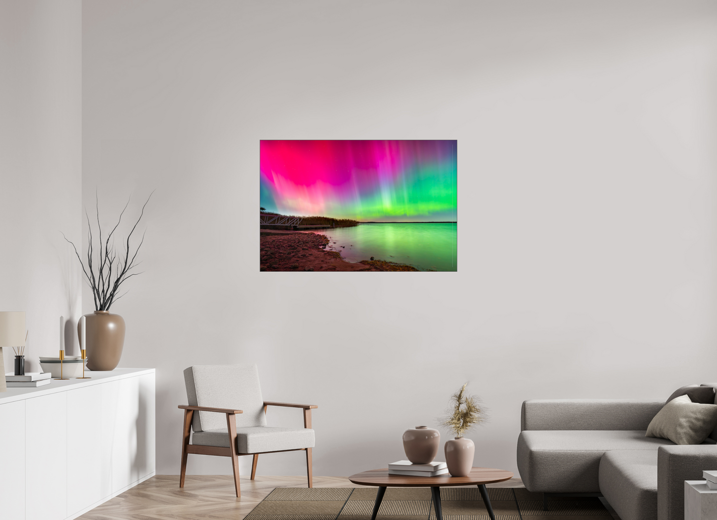 45 x 30″, Photo Print under Acrylic Glass with Black Slimline Case Aurora Borealis Over Wordens Pond