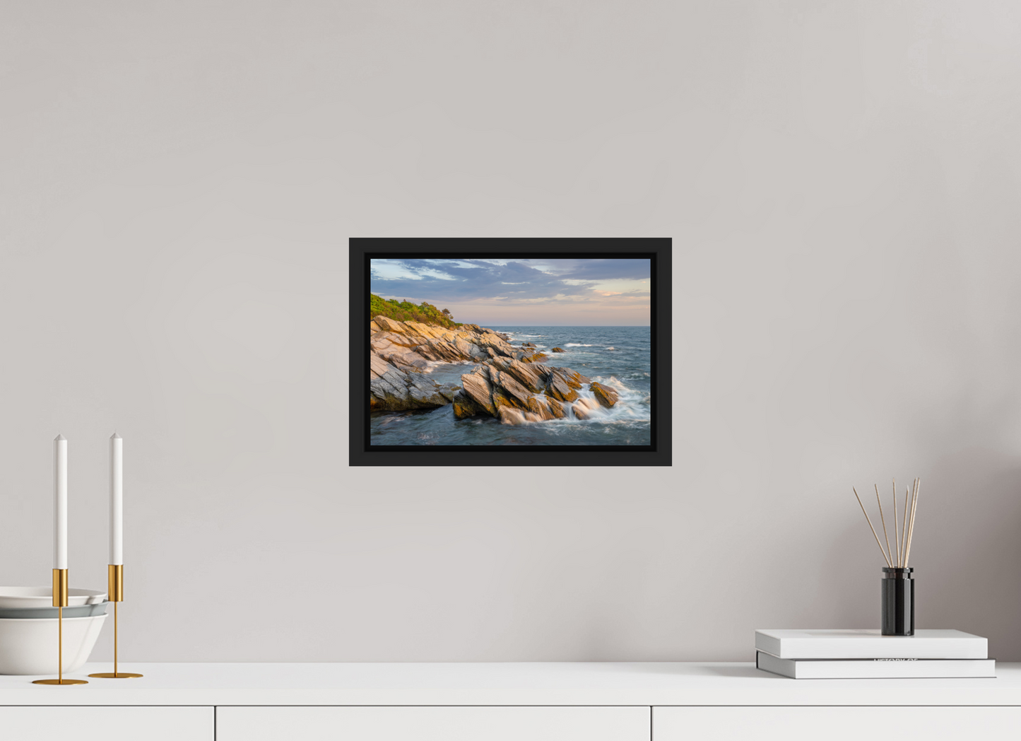 12 x 8″, Premium ChromaLuxe HD Aluminum Metal Print with Black Wood Floater Frame Beavertail Cliffs Approaching Sunset