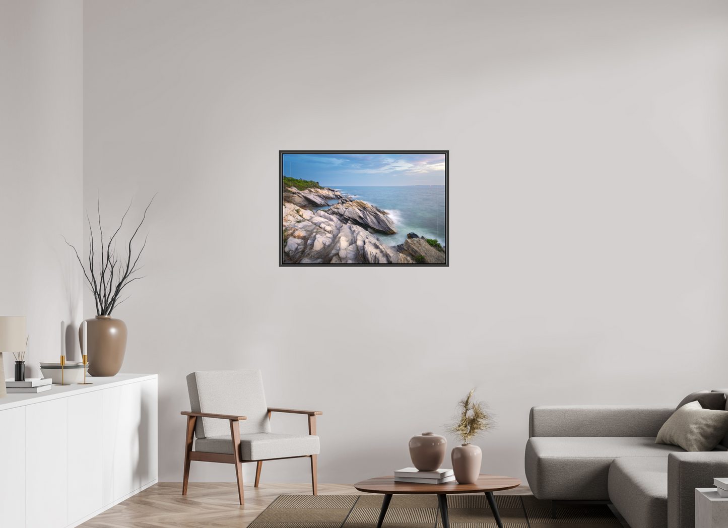 36 x 24″, Matte Canvas Print with Black Wood Floater Frame Blue Hour at Beavertail