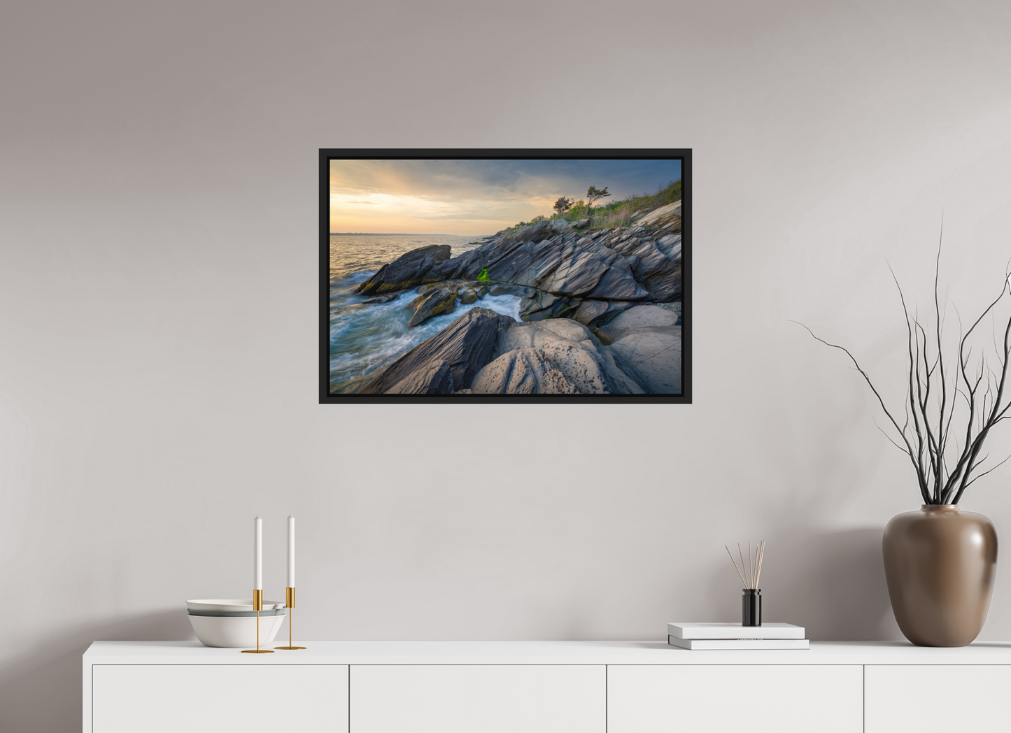 30 x 20″, Premium ChromaLuxe HD Aluminum Metal Print with Black Wood Floater Frame Sunset Glow at Beavertail