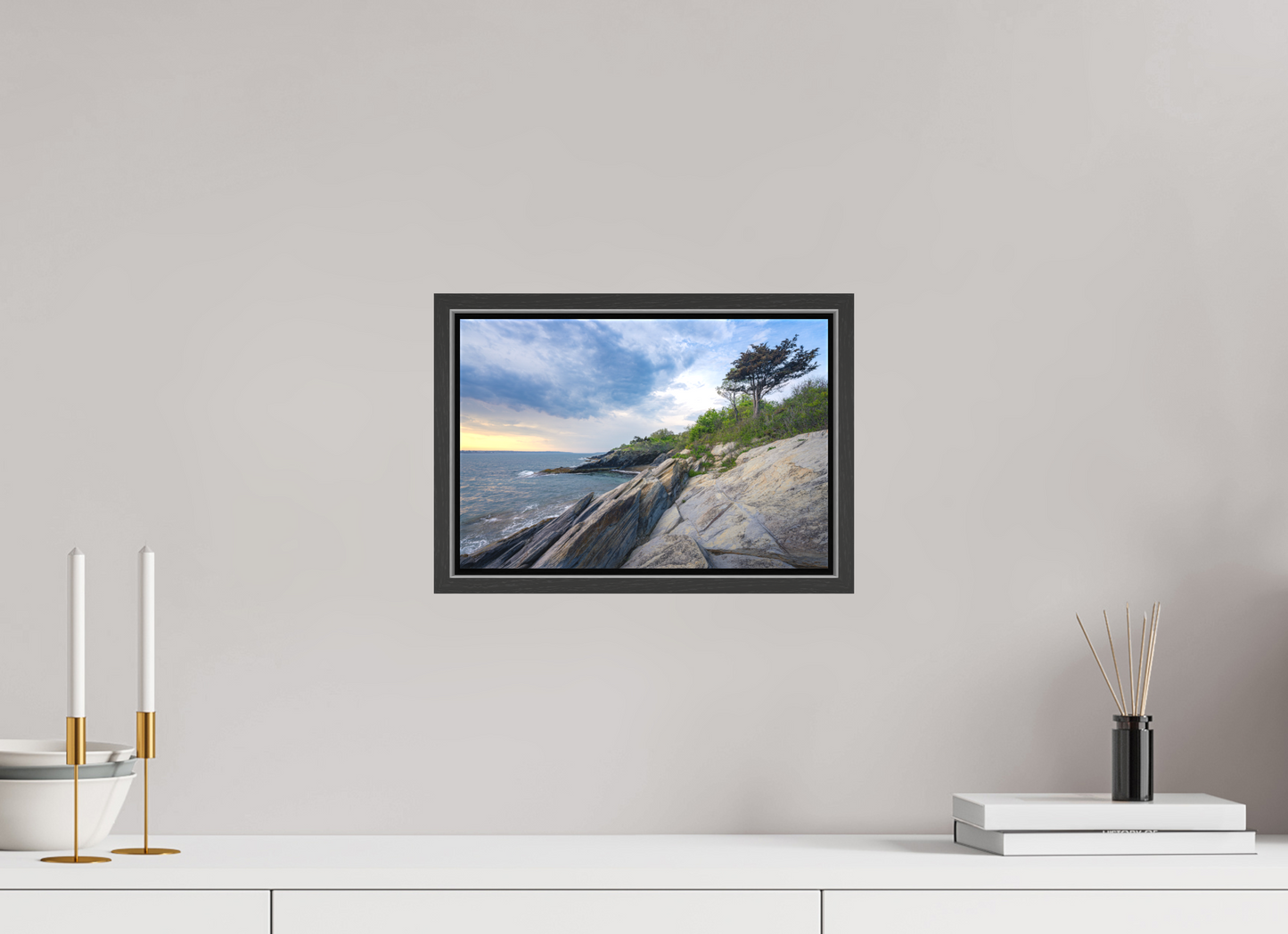 12 x 8″, Matte Canvas Print with Black Wood Floater Frame Rain in the Distance at Beavertail