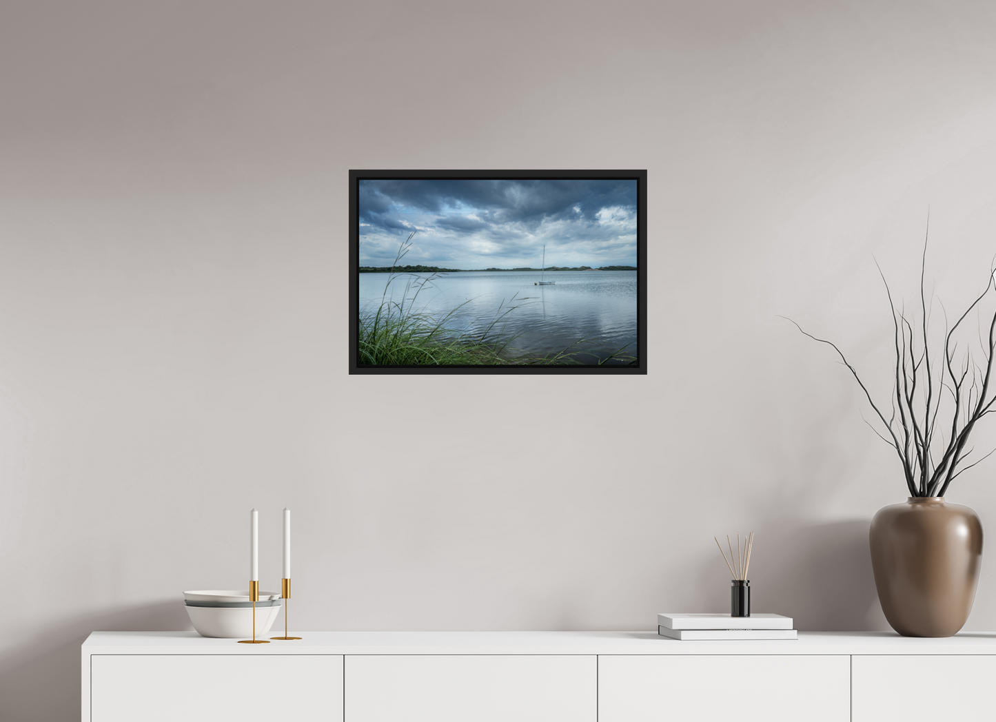24 x 16″, Photo Print under Acrylic Glass with Black Wood Floater Frame Lonely Boat on Sachem Pond