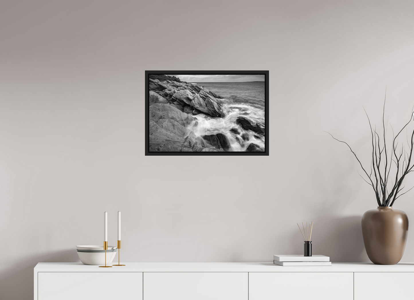 24 x 16″, Photo Print under Acrylic Glass with Black Wood Floater Frame Beavertail Cliffs