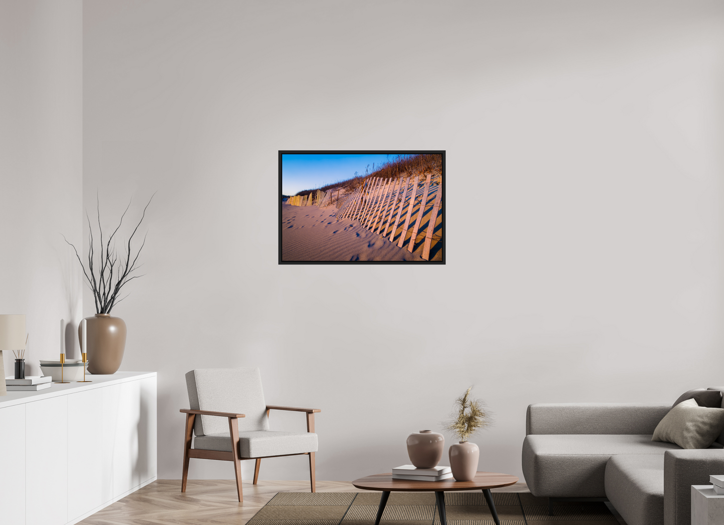 36 x 24″, Photo Print under Acrylic Glass with Black Wood Floater Frame Sunset Glow on Sand Hill Cove Dunes