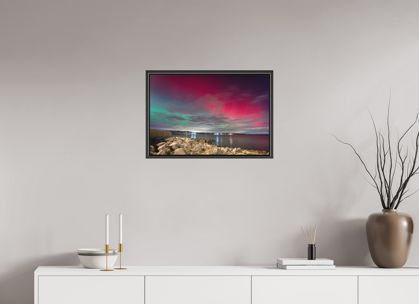 24 x 16″, Matte Canvas Print with Black Wood Floater Frame The Aurora Borealis over Narragansett Beach