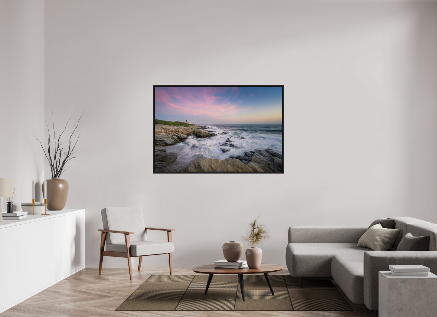 60 x 40″, Premium Photo Print under Acrylic Glass with Black Wood Floater Frame Rough Seas at Sunset