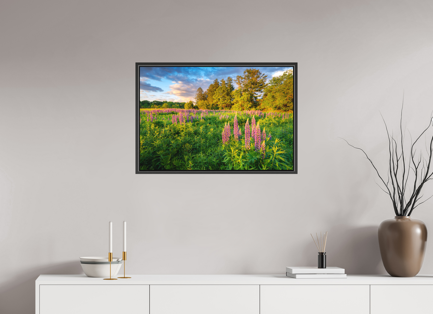 30 x 20″, Matte Canvas Print with Black Wood Floater Frame Lupines at Golden Hour