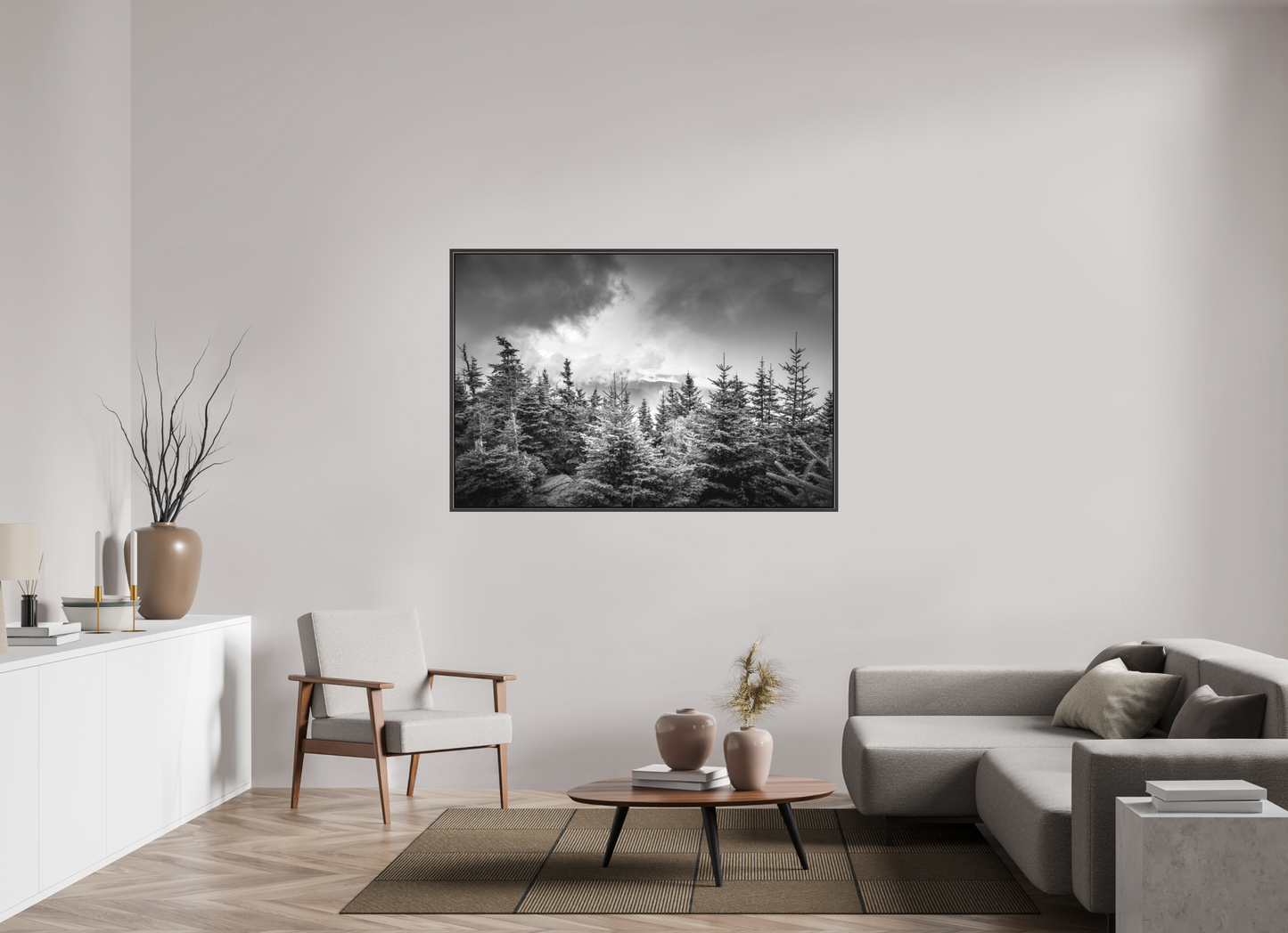 60 x 40″, Matte Canvas Print with Black Wood Floater Frame Pines in Mountain Clouds