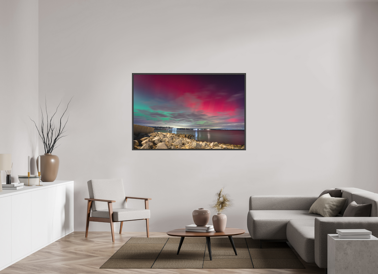 60 x 40″, Matte Canvas Print with Black Wood Floater Frame The Aurora Borealis over Narragansett Beach