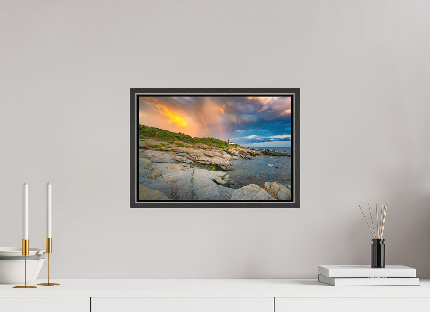 15 x 10″, Matte Canvas Print with Black Wood Floater Frame Rainbow Over Beavertail Lighthouse