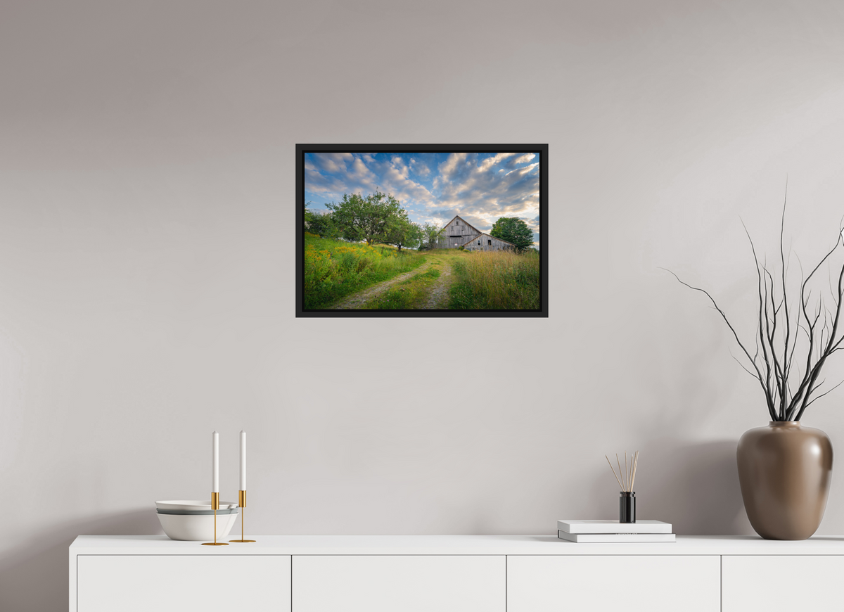 24 x 16″, Premium ChromaLuxe HD Aluminum Metal Print with Black Wood Floater Frame Countryside Barn