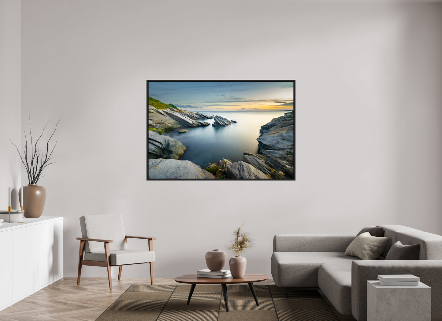 66 x 44″, ChromaLuxe HD Metal Print with Black Wood Floater Frame Sunset and Solitude