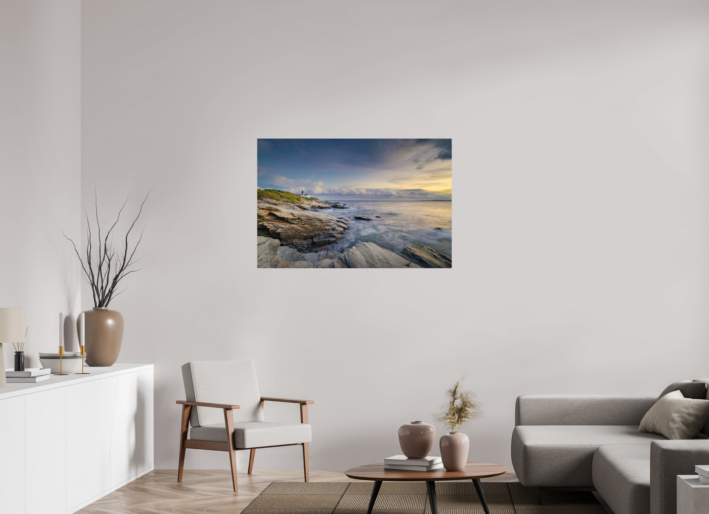 45 x 30″, ChromaLuxe HD Metal Print Twilight at Beavertail Lighthouse