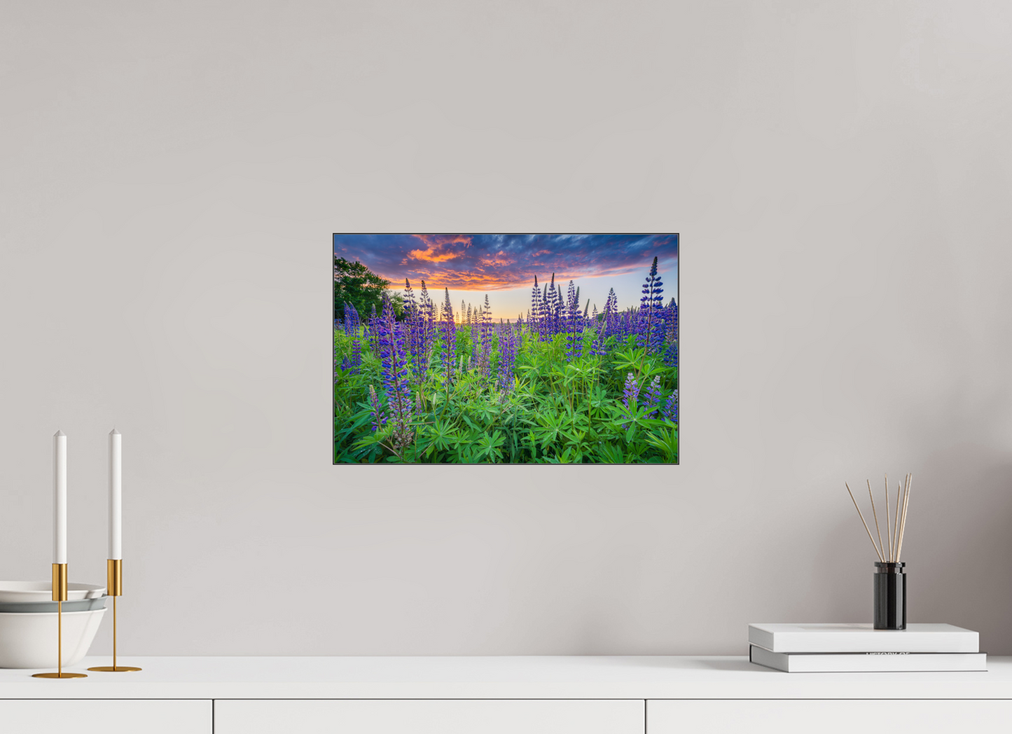 15 x 10″, Premium Photo Print under Acrylic Glass with Black Slimline Case Lupine Sunset