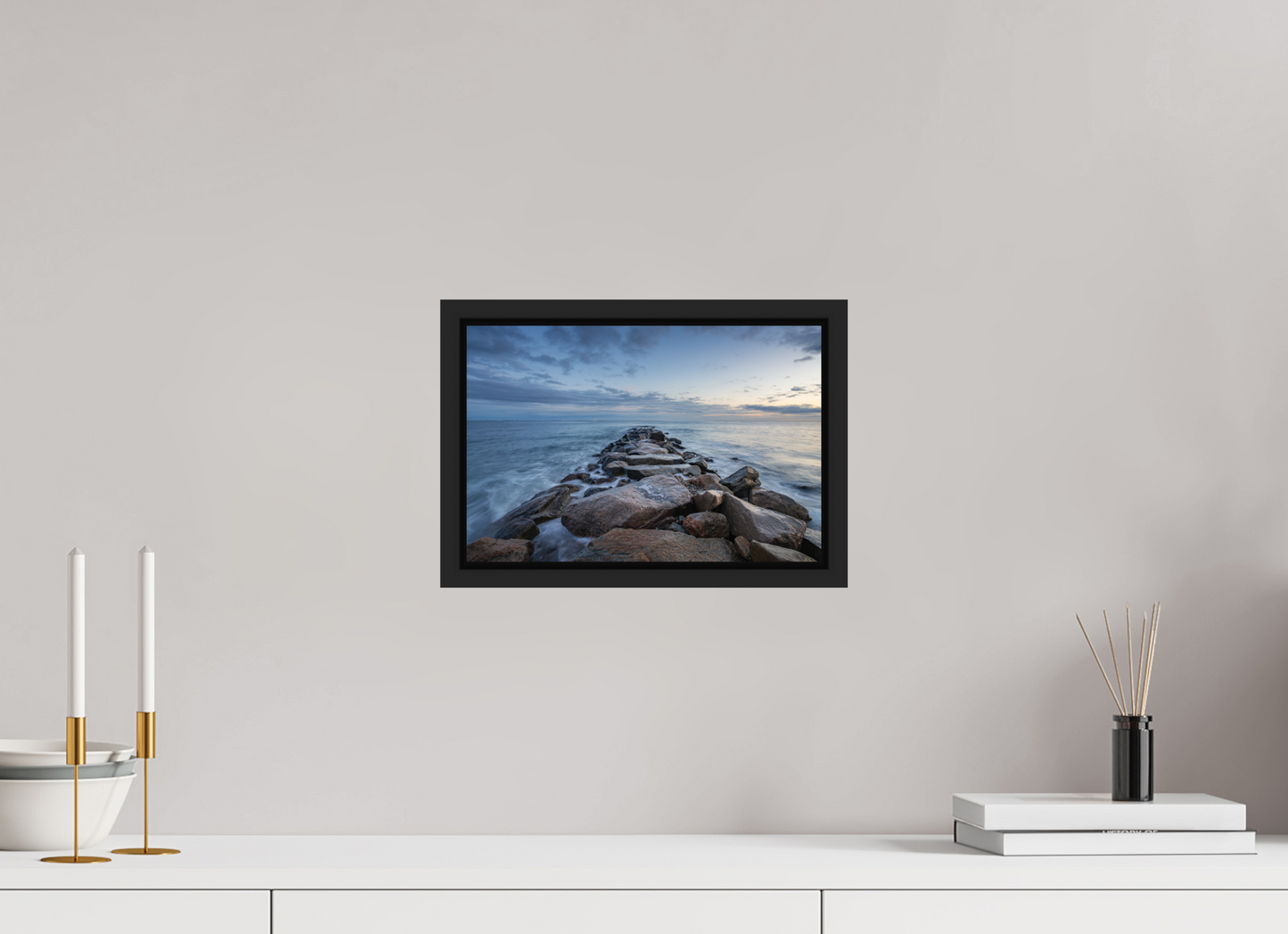 12 x 8″, Photo Print under Acrylic Glass with Black Wood Floater Frame Roger Wheeler State Beach at Blue Hour