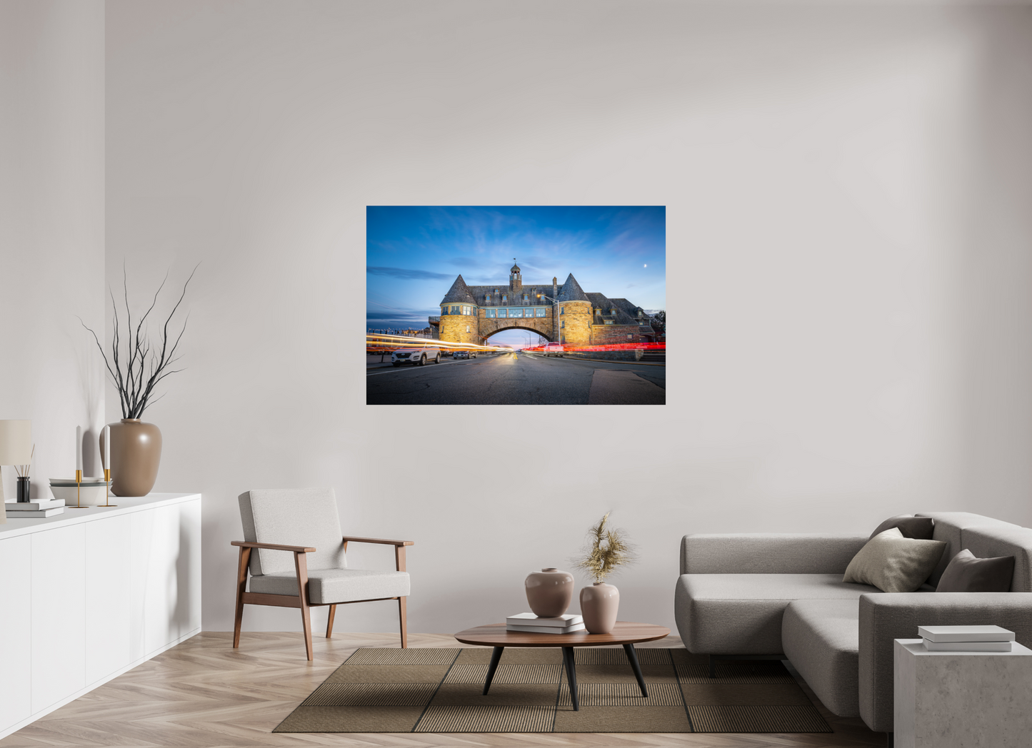 60 x 40″, Photo Print under Acrylic Glass Narragansett Towers and Light Trails