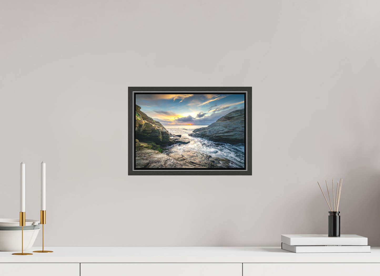 12 x 8″, Matte Canvas Print with Black Wood Floater Frame Vanishing Sun