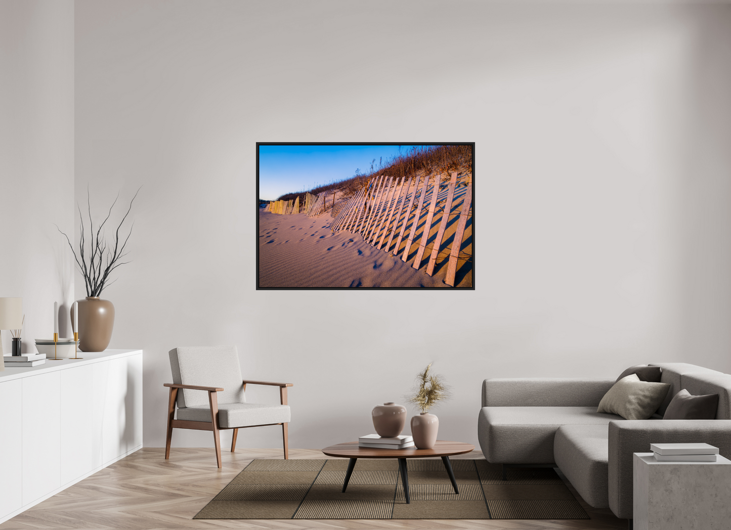 60 x 40″, ChromaLuxe HD Metal Print with Black Wood Floater Frame Sunset Glow on Sand Hill Cove Dunes