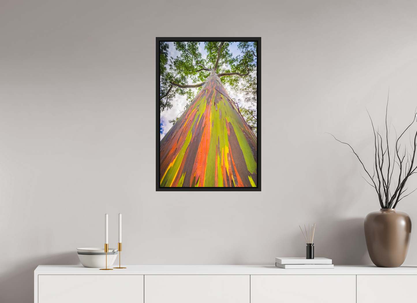 20 x 30″, ChromaLuxe HD Metal Print with Black Wood Floater Frame Rainbow Eucalyptus Tree