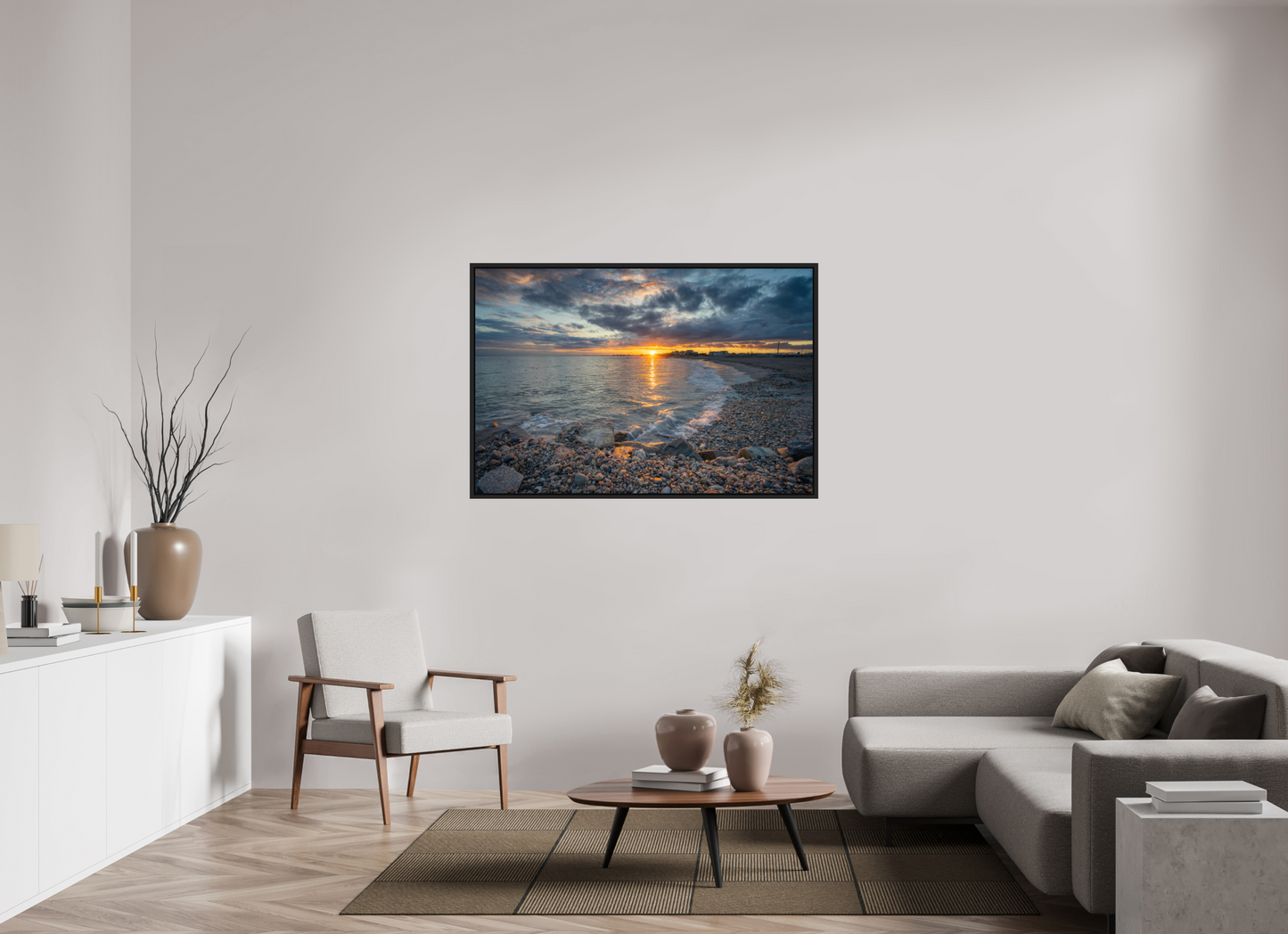 54 x 36″, Premium Photo Print under Acrylic Glass with Black Wood Floater Frame Roger Wheeler State Beach Sunset