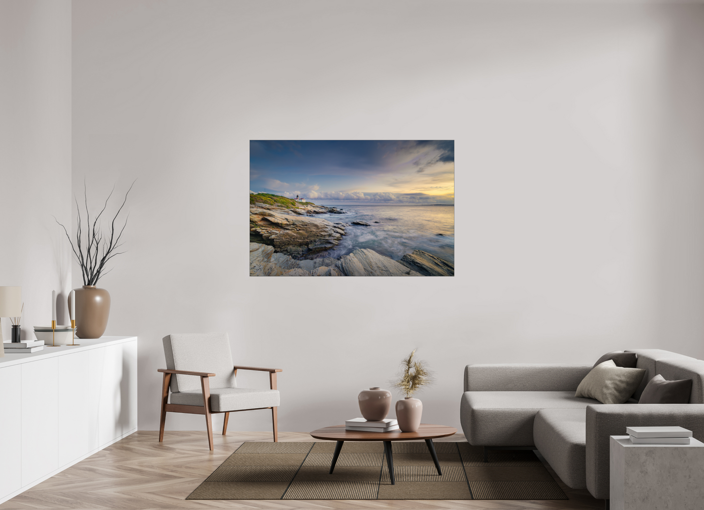 60 x 40″, Photo Print under Acrylic Glass with Black Slimline Case Twilight at Beavertail Lighthouse