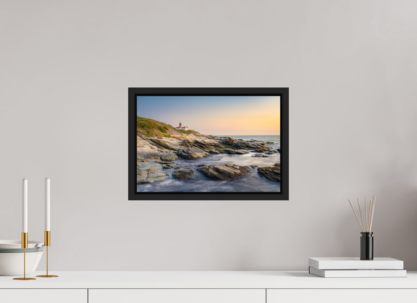 15 x 10″, Premium Photo Print under Acrylic Glass with Black Wood Floater Frame Quiet Sunset at Beavertail Lighthouse
